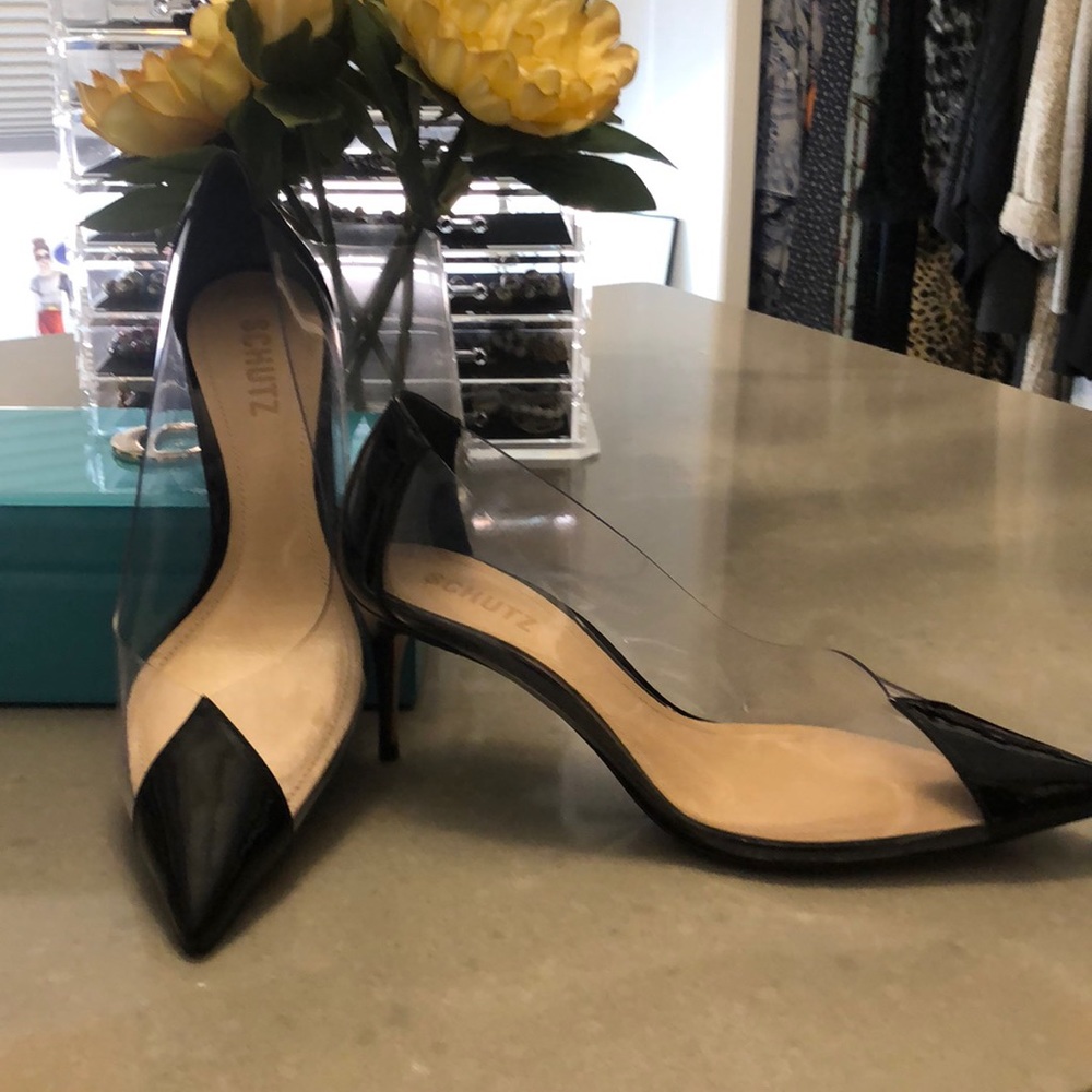 Schutz patent leather black and vinyl pump